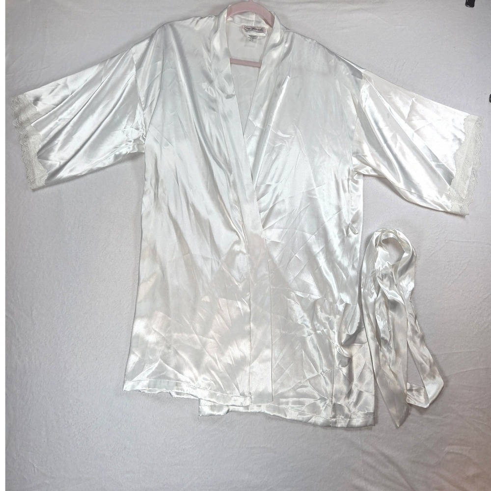 Linea Donatella White Satin Mini Robe Short Lacey Sleeve Bride Wedding Night S M